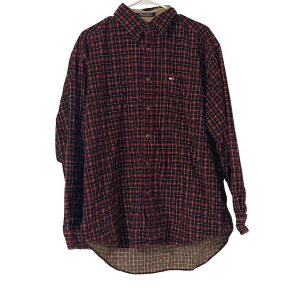 Tommy Hilfiger Plaid Button Down Shirt Large Red Dark Academia Preppy‎ Grunge